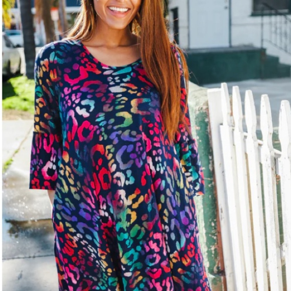 NWT HAPTICS BLUE & MULTI ANIMAL BELL SLEEVE DRESS